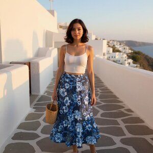 Mlle Gabrielle Blue Gray Floral Gauzy Tiered Peasant Maxi Skirt Medium Festival